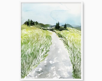 Grüne Wiese Aquarell Druck, ruhige Landschaft Kunst