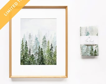 Tea Towel and Print Set- Evergreen Trees Dish Towel, Pine Forest Mountain Art, Outdoors Hiking Kitchen Decor, Peaceful Wedding and Mom Gift