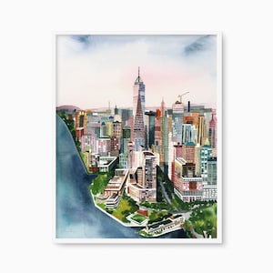 One World Trade Center, New York City Print, NYC Wall Art Illustration, Skyline Poster, Destination Watercolor Decor, Urban Cityscape