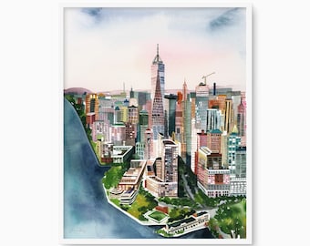 New York City Print, NYC Wall Art Illustration, NYC Skyline Poster, Housewarming and Wedding Travel Gift, Destination Watercolor