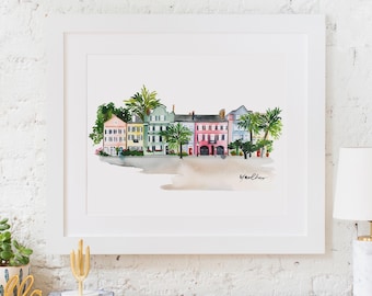 Charleston South Carolina Watercolor Art Print | Rainbow Row Coastal Wall Decor | Southern Travel Poster | Historic Architecture Home Gift