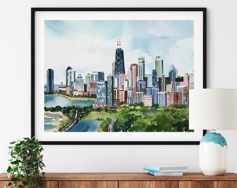 Chicago Illinois Fine Art Print, Archival Watercolor Skyline Cityscape Poster, Windy City Travel Decor, Midwest Architectural Wall Art