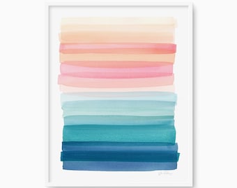 Türkis Strand Aquarell Druck, Küstenwandkunst