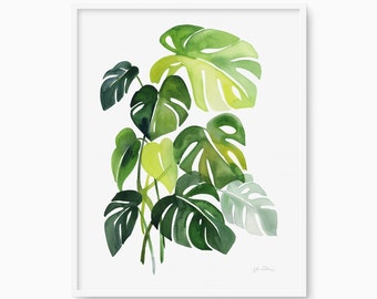 Aquarell Philodendron Pflanzendruck, Grüne Tropische Blätter Kunst