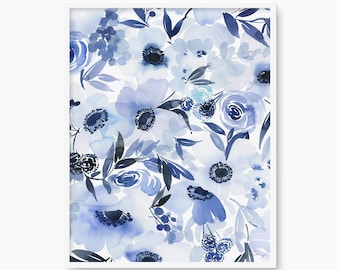 Blaue Anemone Aquarell Druck, Blumenwandkunst