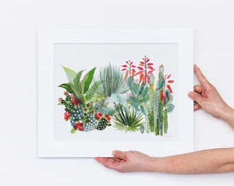 On Sale, Cacti Oasis Arizona Desert, Saguaro and Agave Cactus, Western and Southwestern Art, Watercolor Garden Print