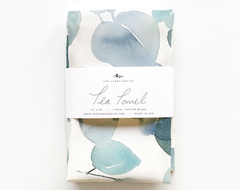 Eucalyptus Art Tea Towel, Painted Botanical Kitchen Dish Towel Decor, Natural Linen Cotton Hand Towel, Wedding and Home Cook Gift