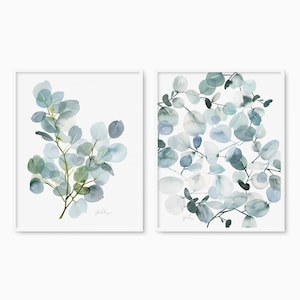Set of 2 Boho Eucalyptus Prints, Watercolor Silver Dollar Leaves Art, Blue and Gray Botanical Decor, Modern Wall Art Pair