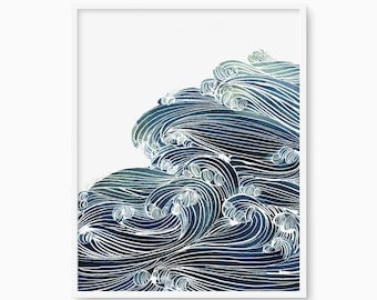 Ocean Waves Coastal Art, Watercolor Sea Print, Blue Nautical Print, Beach Summer House Decor, Australia Navy Seaside