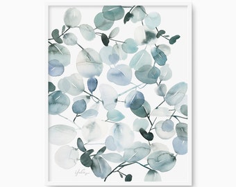 Eucalyptus Print, Silver Dollar Eucalyptus Leaves, Botanical Watercolor Painting, Minimalist Art Wall, Boho Plant Art Wall