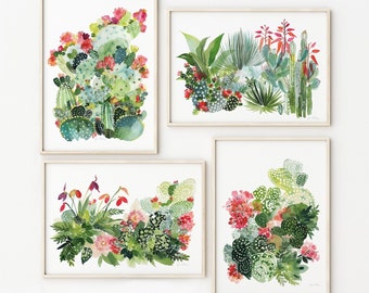 Arizona Desert Cactus Set of 4 Prints, Watercolor Plants, Painted Western Desert Print, Southwestern Art Pair