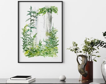 Green Trees Print, Forest of Painted Birch Trees, Outdoor Lush Scenic Art, Wedding Gift