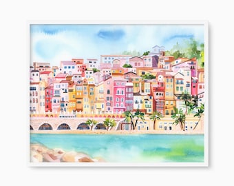 Menton France Aquarell Kunstdruck, Bunte Küstenlandschaft an der Riviera