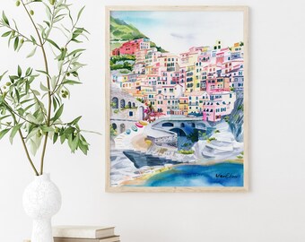Cinque Terre Italy Fine Art Print, Archival Watercolor Italian Riviera Landscape Poster, Manarola Coastal Village Travel Wall Art Decor