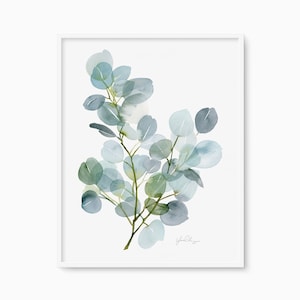 Silver Dollar Eucalyptus Leaves Print, Boho Botanical Watercolor Art, Blue and Gray Plant Wall Decor, Modern Nature Artwork