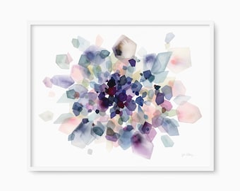 Geometrische Edelsteine Aquarell Kunstdruck, Abstrakter Nebel, Violet Kosmos