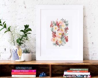 Christmas and Holiday Art Print, Painted Winter Flowers, Holiday Joyful Wall Decor