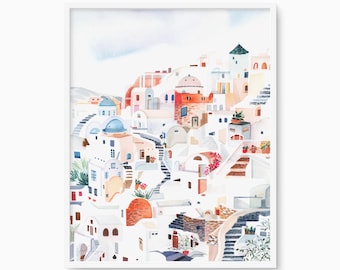 Oia Griechenland Aquarell Kunstdruck, Mediterrane Dorflandschaft
