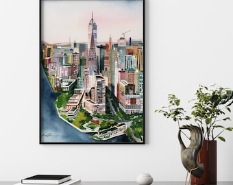 New York City Fine Art Print, Archival Watercolor NYC Skyline Landscape Poster, Manhattan Architecture Travel Wall Art Decor