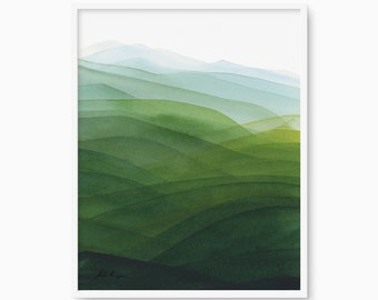 Grüne Rolling Hills Aquarell Landschaft Kunstdruck