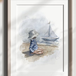 Sailboat Print | Little Boy Watercolor Sailboat Nursery Print | Cute Beach Blue Art | Coastal Art | Nautical Illustration | Nursery Wall Art