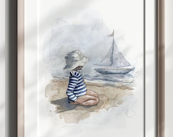 Sailboat Print | Little Boy Watercolor Sailboat Nursery Print | Cute Beach Blue Art | Coastal Art | Nautical Illustration | Nursery Wall Art