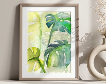 Watercolor Palms Wall Art | Tropical Art | Blue Green Wall Decor | Beach House Print | Boho Wall Decor | Monstera Illustration | Plant Lover