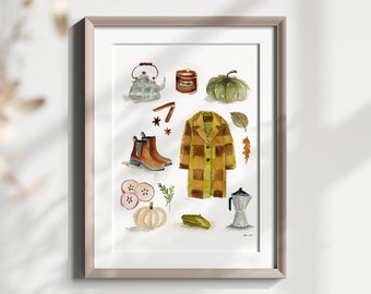 Autumn Hygge Print | Watercolor Fall Art | Seasonal Wall Art | Fall Fashion Illustration | Autumnal Art | October Art Print | Fall Colors