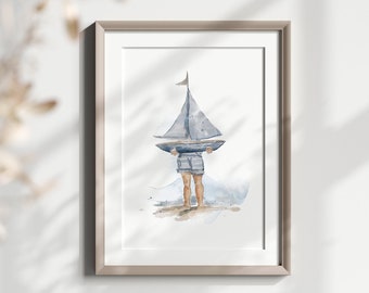 Sailboat Print | Little Boy Watercolor Sailboat Nursery Print | Cute Beach Blue Art | Coastal Art | Lake Illustration | Nursery Wall Art