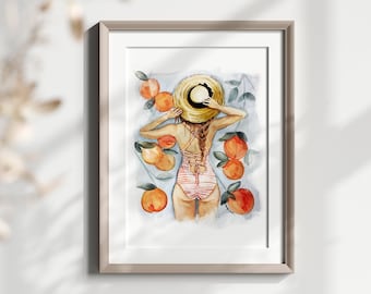 Watercolor Art Print | Peach Artwork | One Piece Illustrated Print | Fashion Illustration | Swimsuit Art | Beach House Print | Bathroom Art