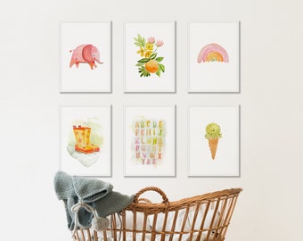 Watercolor Nursery Decor Gallery Wall | Citrus Pink Art for Little Girl | PRINT SET of 6 | Nursery Wall Art | Pink Green Yellow Nursery