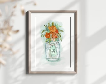 Mason Jar Bouquet Print | Floral Watercolor Art | | Farmhouse Art | Country Wall Art | Preppy Nursery Art | Succulent Wall Decor