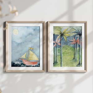 May include: Two framed watercolor paintings. One depicts a sailboat on a wavy sea under a moonlit sky. The other shows palm trees with colorful fronds in a forest setting. Both are in light wood frames.