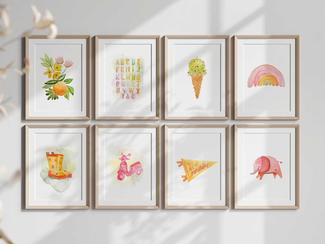 Nursery Gallery Wall Set | Watercolor Art Prints | Pink Green Yellow ...