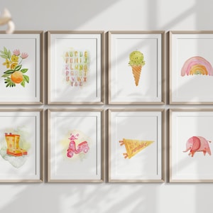 Nursery Gallery Wall Set | Watercolor Art Prints | Pink Green Yellow Decor | PRINT SET of 8 | Nursery Wall Art | Whimsical Nursery Prints