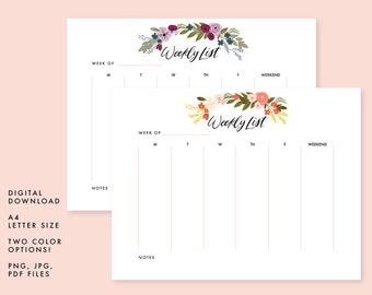 Weekly Planner, Weekly List, Weekly Plan Tracker, Floral Weekly Schedule, Weekly Organizer, Office Planner, Printable, PDF, US Letter