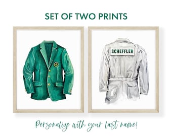 Custom Watercolor Golf Art – Personalized Caddie Uniform Print, Green Jacket Inspired Wall Decor