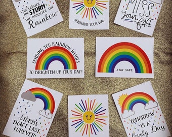 Pack of 16 rainbow themed positivity postcards - Eight uplifting designs - miss you, storms don’t last forever