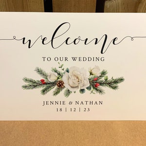 Eucalyptus pine white rose Christmas winter Wedding Signs signage - thank you guest book WELCOME love is sweet PERSONALISED prints posters