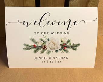 Eucalyptus pine white rose Christmas winter Wedding Signs signage - thank you guest book WELCOME love is sweet PERSONALISED prints posters