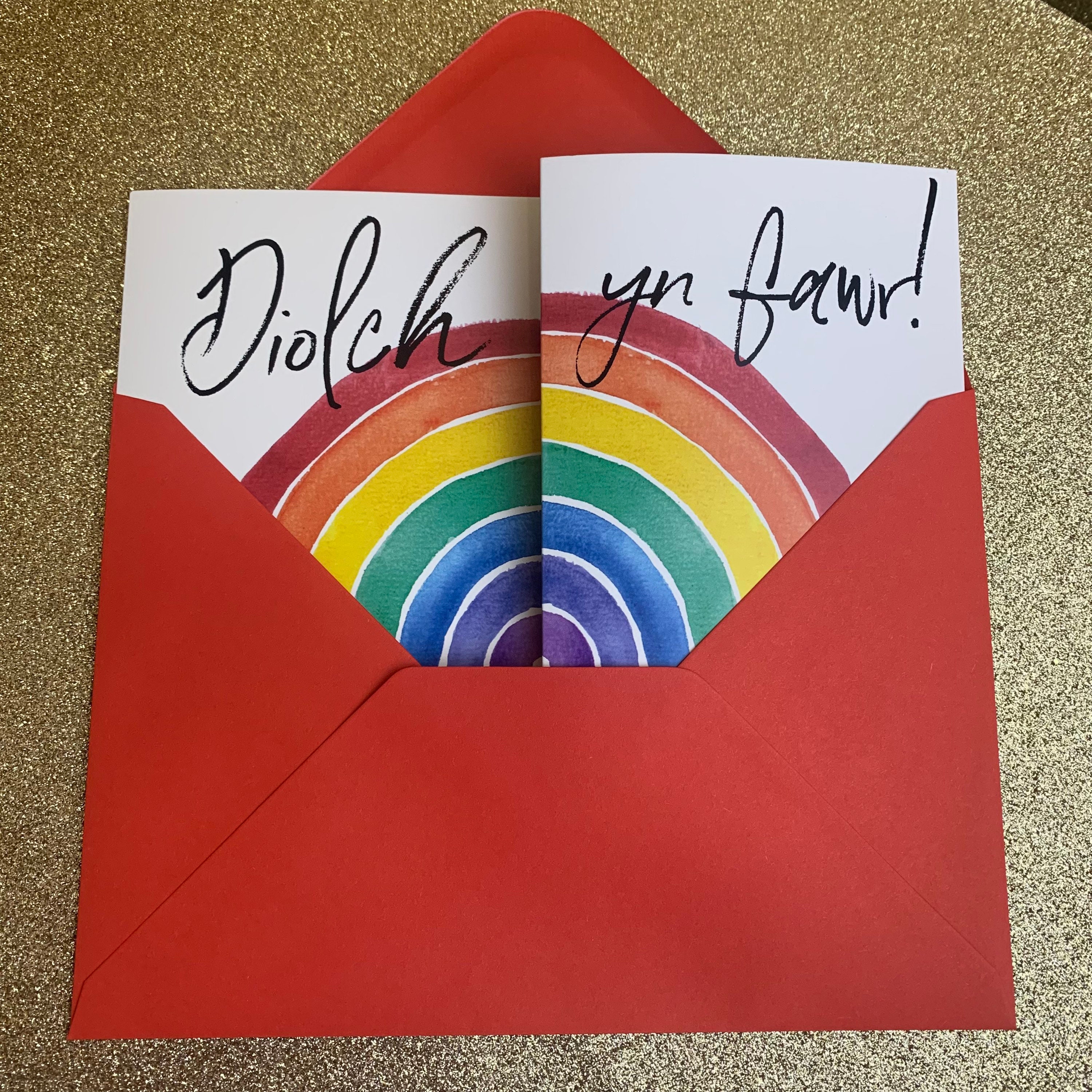 Rainbow enfys Welsh diolch yn fawr special folding thank you card - p…