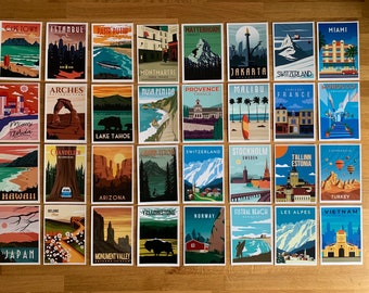 32 travel themed wanderlust postcards - great for weddings guest book advice cards table names, post card swap postcards kindness snail mail