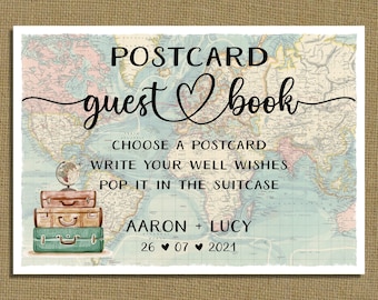 Wanderlust travel theme post card POSTCARD GUEST BOOK Wedding Sign - map suitcase vintage print poster add your names and date