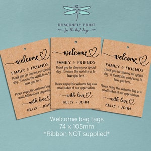 Set of 16 personalised wedding Welcome Bag tags - heart kraft brown or white "we do" design - favours