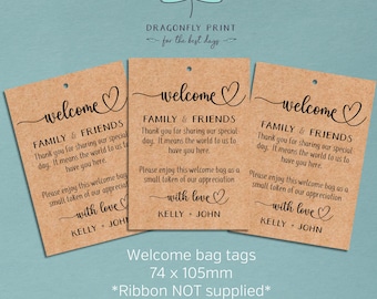 Set of 16 personalised wedding Welcome Bag tags - heart kraft brown or white "we do" design - favours