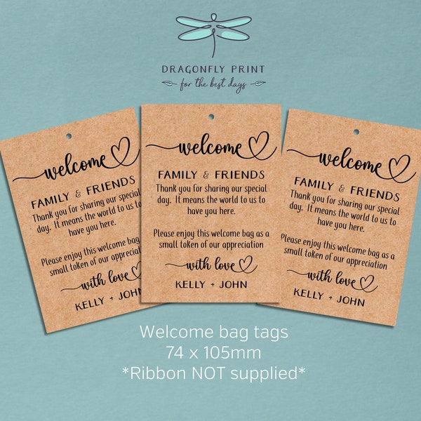 Set of 16 personalised wedding Welcome Bag tags - heart kraft brown or white "we do" design - favours