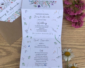 Wildflower concertina folding style Wedding Invitations, invite, guest information, tear off RSVP, envelope, pastel summer flowers floral