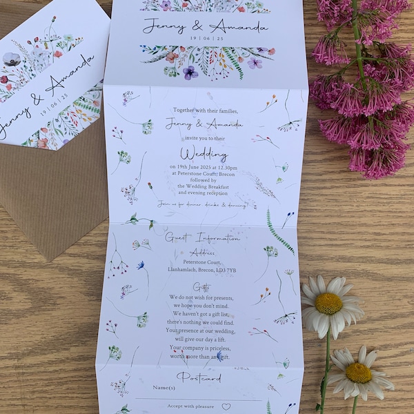Wildflower concertina folding style Wedding Invitations, invite, guest information, tear off RSVP, envelope, pastel summer flowers floral