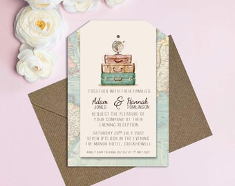 DIY “Wanderlust” wedding invitations - tag style - single tag - ideal for evening / party invites - Personalised. Luggage tag travel theme