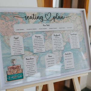 Wanderlust travel theme map Wedding Seating Plan - PRINT poster physical item personalised with your names - luggage destination wedding